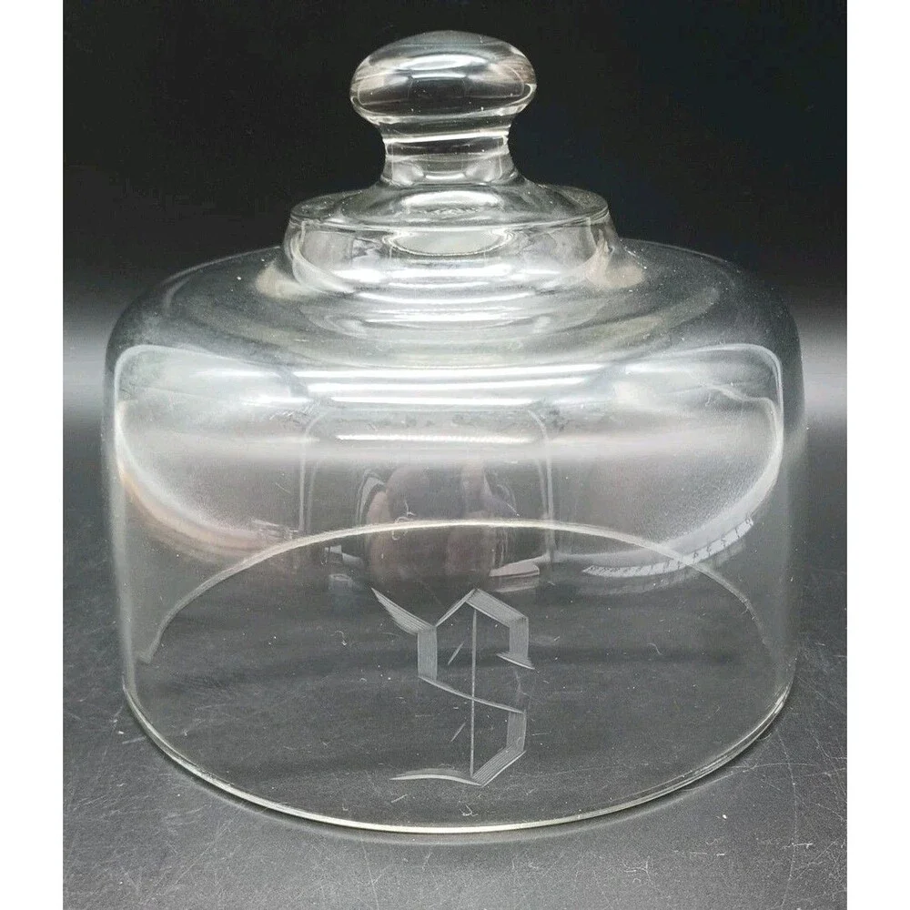Vintage Engraved Initial S Clear Glass Cheese Dome Cover Handle Cloche 6.5”